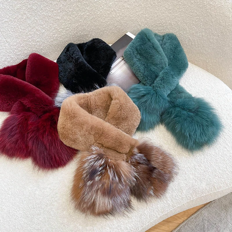 

Luxury Brand Soft Women's New Winter Wild Rex Rabbit Fur Double-sided Whole Leather Fox Fur Warm Scarf Thickened Wild