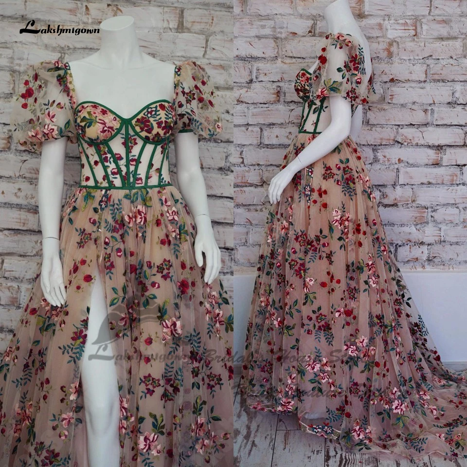 

Lakshmigown Классические Свадебные Платья с цветочным кружевом для невесты корсет с коротким рукавом 2023 Vestidos Boho пляжные свадебные платья с разре...