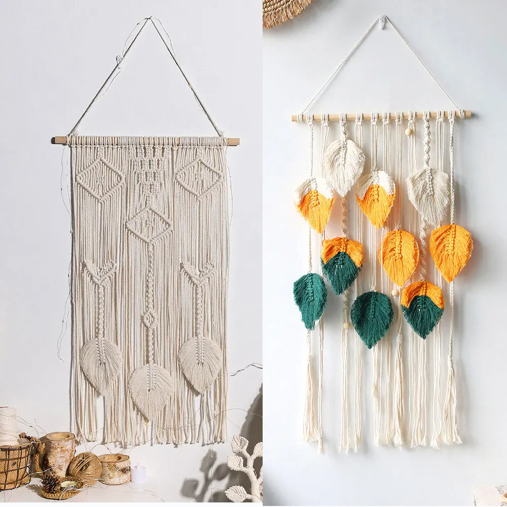 

Bohemian Leaf Macrame Wall Hanging Tapestry Dream Catcher Hand-woven Wall Mounted Home Decor Room Farmhouse Tassels Decoration