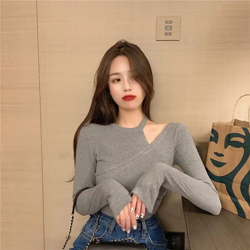 

Базовая рубашка с длинным рукавом, осень 2022, новый дизайн, чувствительная машина, открытые плечи, тонкий короткий топ, футболка для женщин