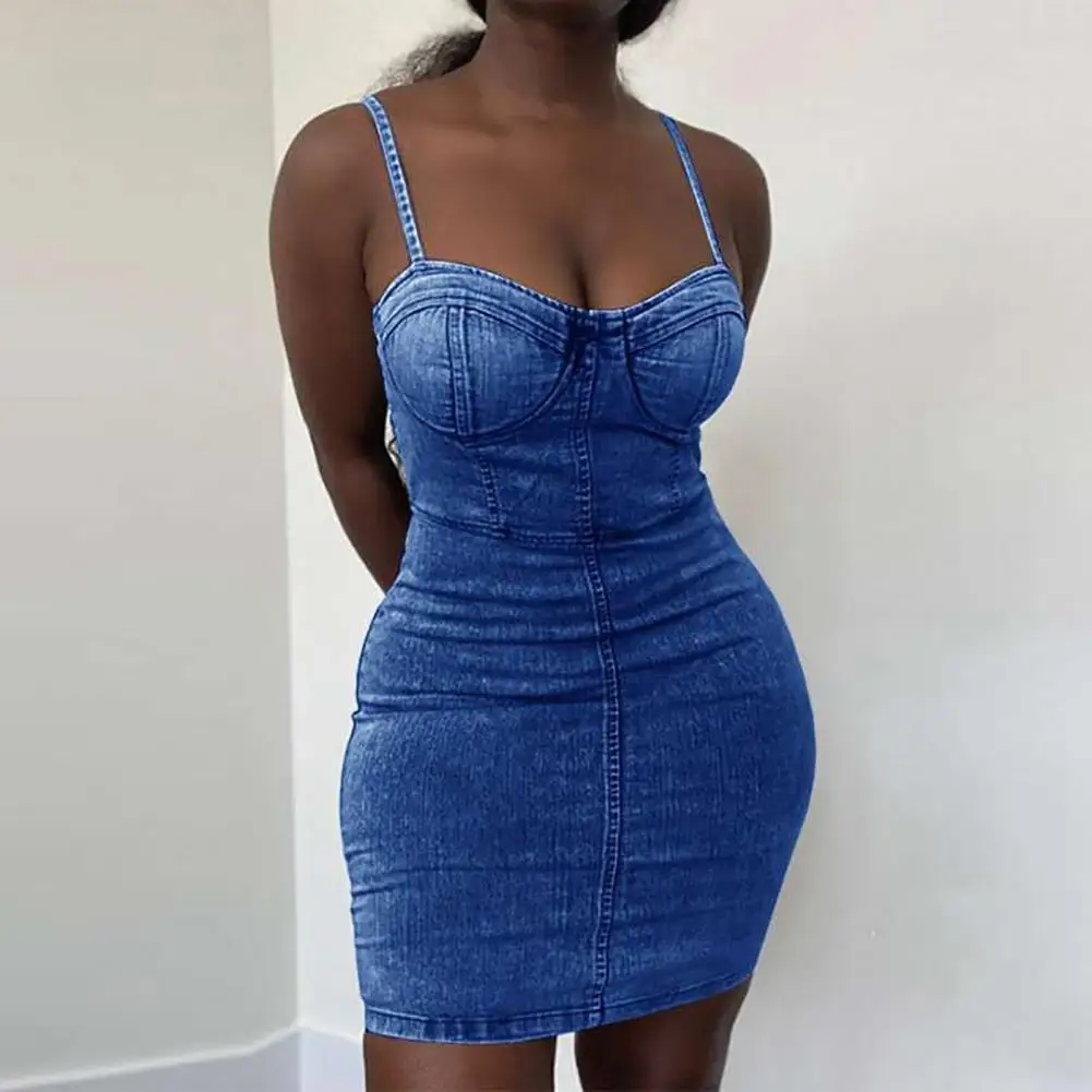 

O-neck Waist Tight Denim Dress Soft Fabric Girls Solid Color Sling Skinny Mini Dress Sexy Skinny Sling Short Dress