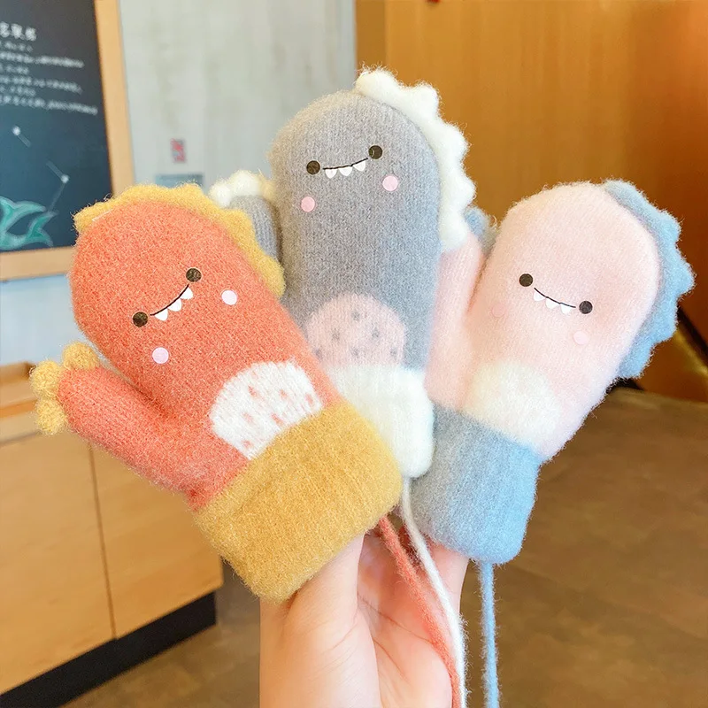 

Autumn Winter Baby Gloves Cartoon Dinosaur Knitted Kids Girls Boys Full Finger Gloves Soft Thick Warm Children Toddler Mittens