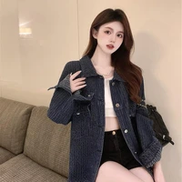women fashion long sleeve pockets outerwear tops stylish loose tweed plaid jacket coat female black chic coats casual streetwear