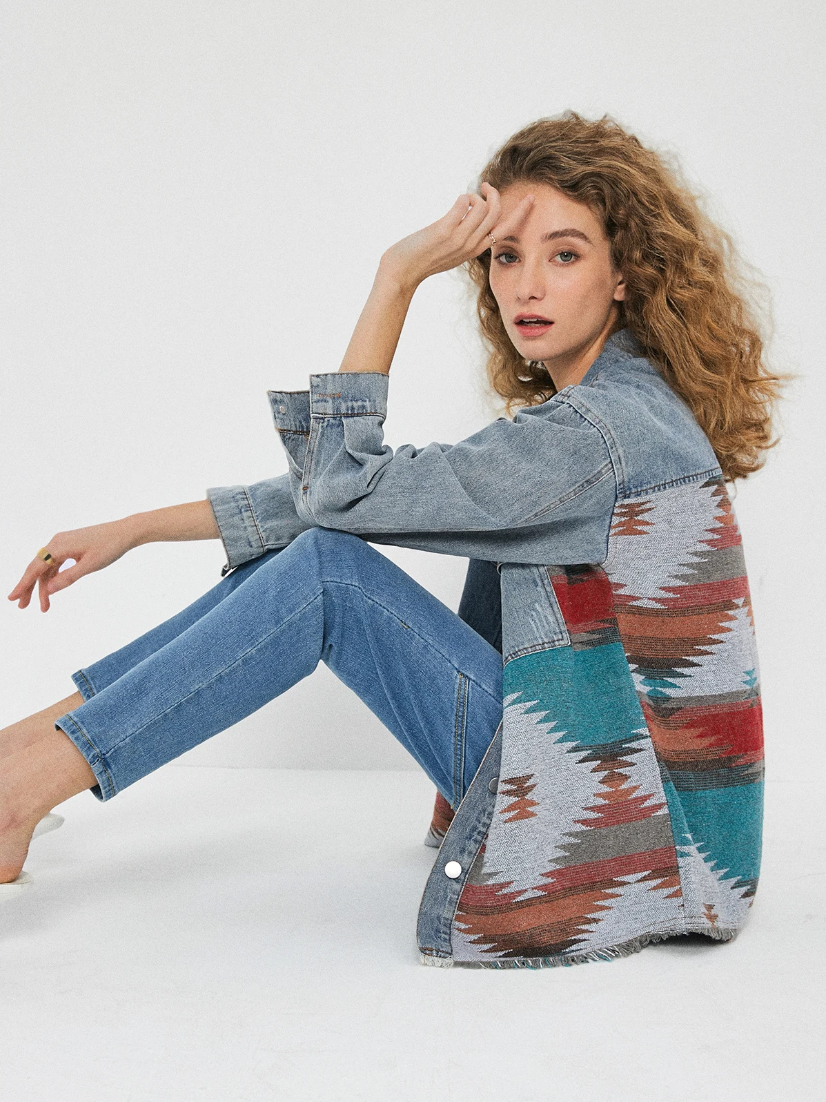 

ZAFUL Ethnic Aztec Printed Denim Panel Loose Jacket Women Wide Waisted Button Up Jean Coat Spring Fall Outwear Casual Top Female