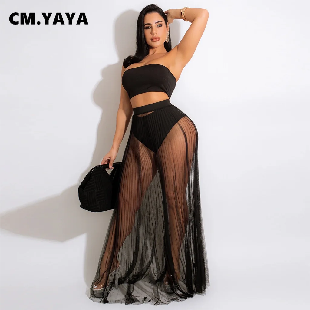 Женский пляжный комплект CM.YAYA 2022 длинная Плиссированная сетчатая Прозрачная