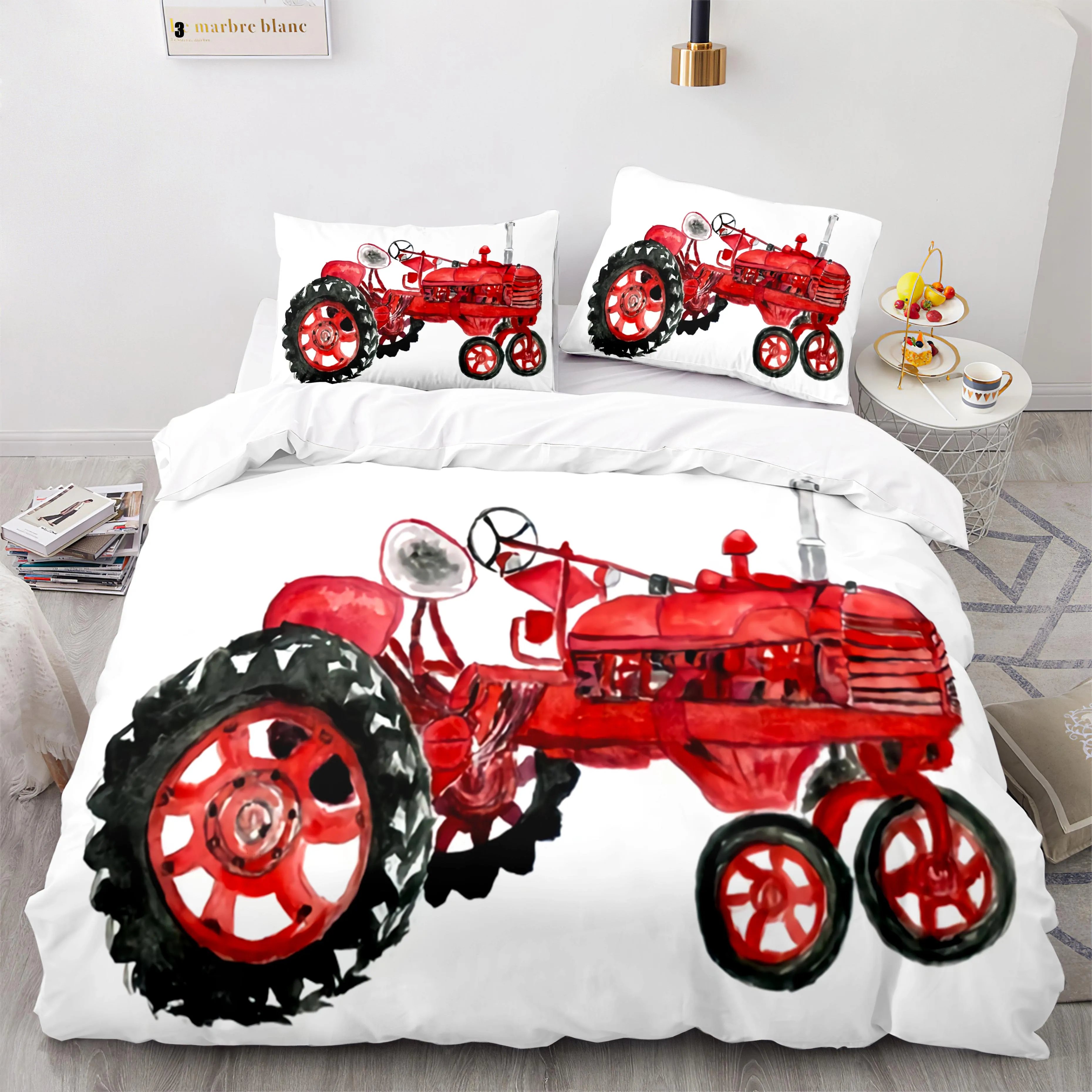 

Cartoon Tractor Duvet Cover Watercolor Style Excavator for Kids Machinery Farm Bulldozer Polyester King Queen Size Quilt Cover
