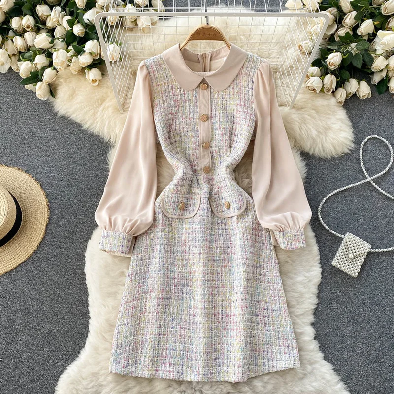 

FTLZZ New Spring Autumn Elegant Women O-neck Button Mini Dress Office Lady Empire Slim Dress Vintage Puff Sleeve Dress