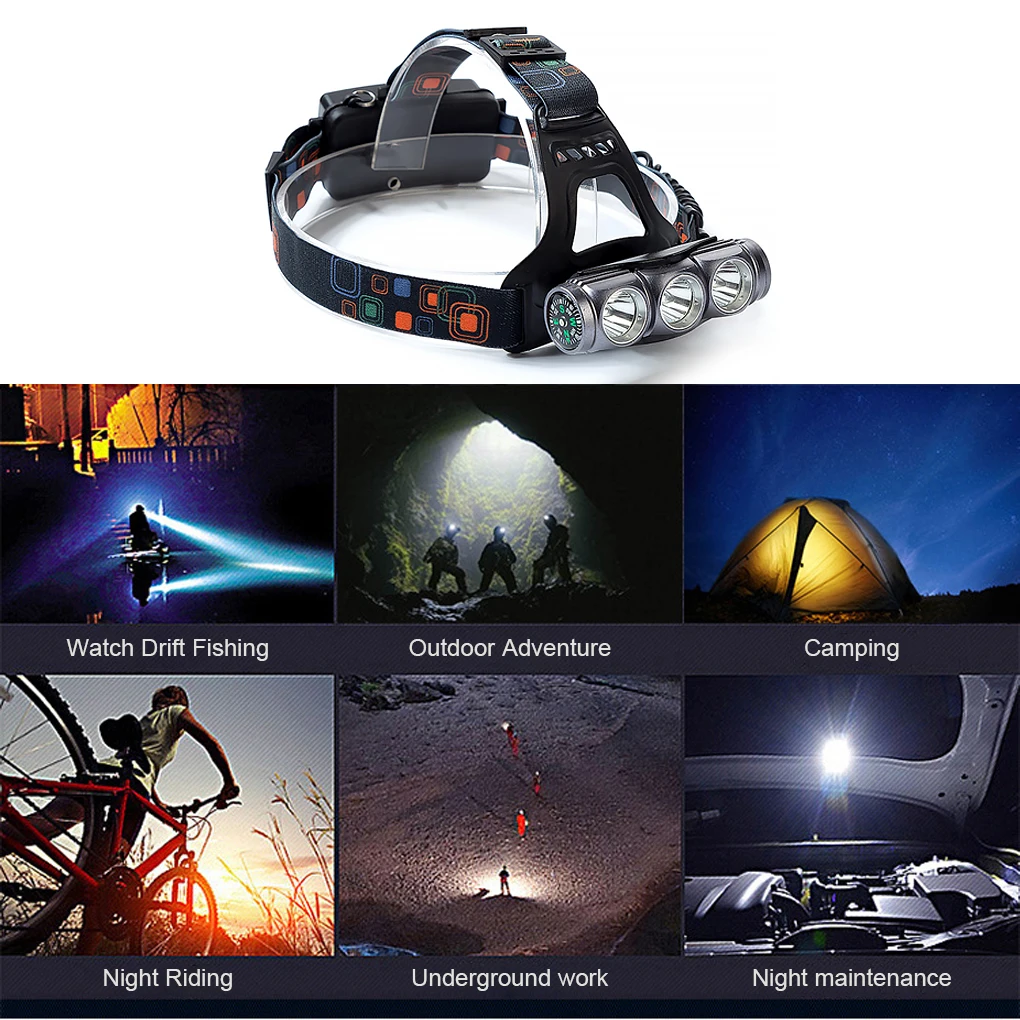 

Rechargeable Headlight with Compass 90 Degrees Adjustable Headlamp Head Light Flashlight Supply Hiking Searching