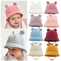 spring summer soft baby cotton bucket hats cute solid color bear ears panama caps for kids boys girls outdoor beach sun hats