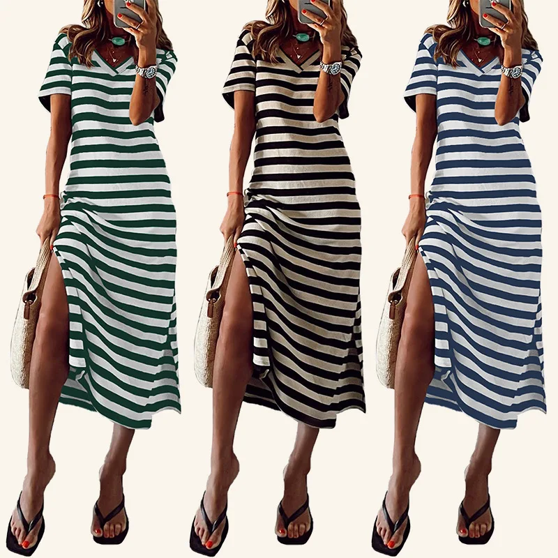 

New Women's Slit Long Striped Short Sleeve Loose Dress Summer Slim Fashion Beach High Quality Retro Skirt Free Shiping Items