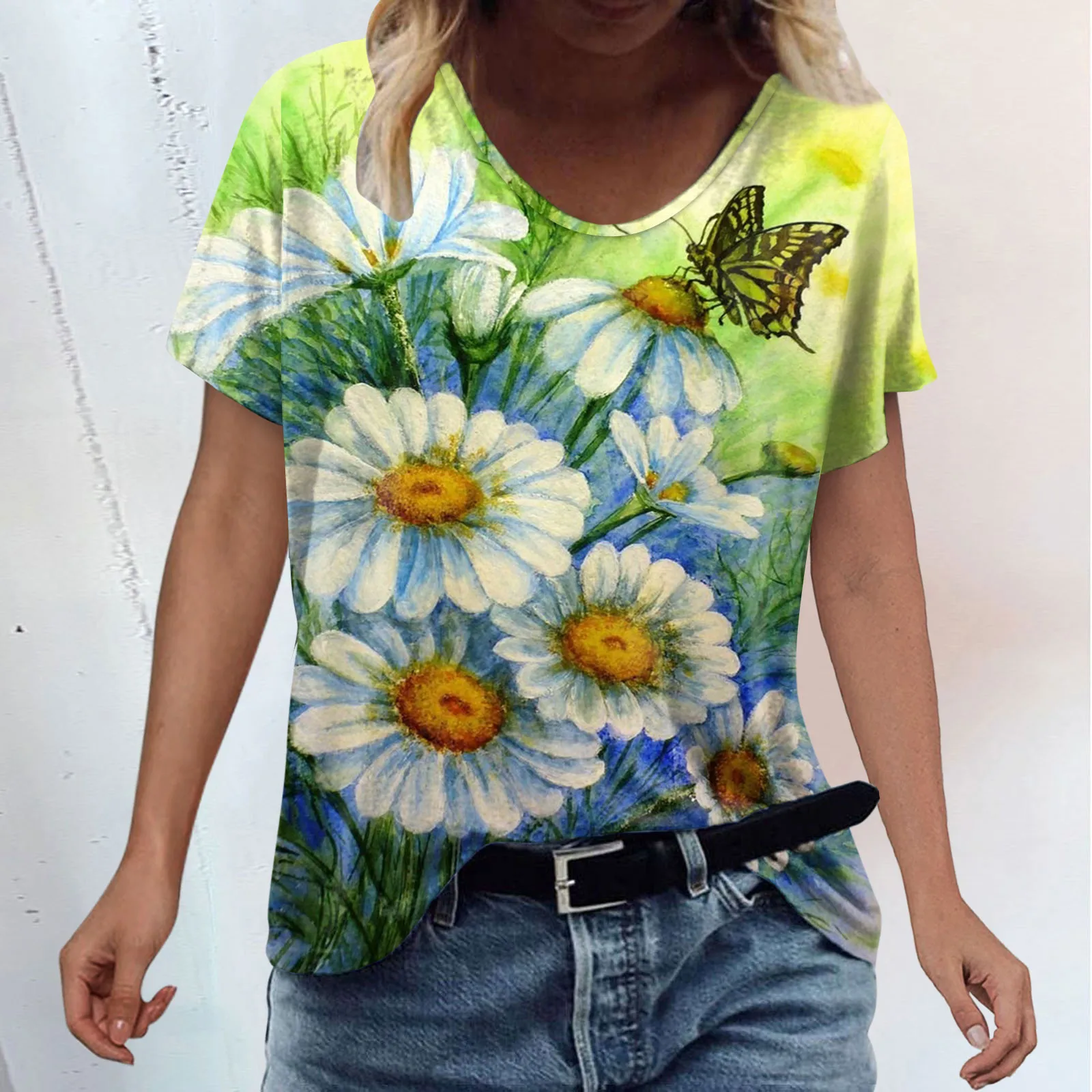 

Fashion Casual Tee Top Ladies 3D Floral Print Women T Shirt Plus Size Scenic Flowers Printing Round Neck Summer T-Shirt Tops