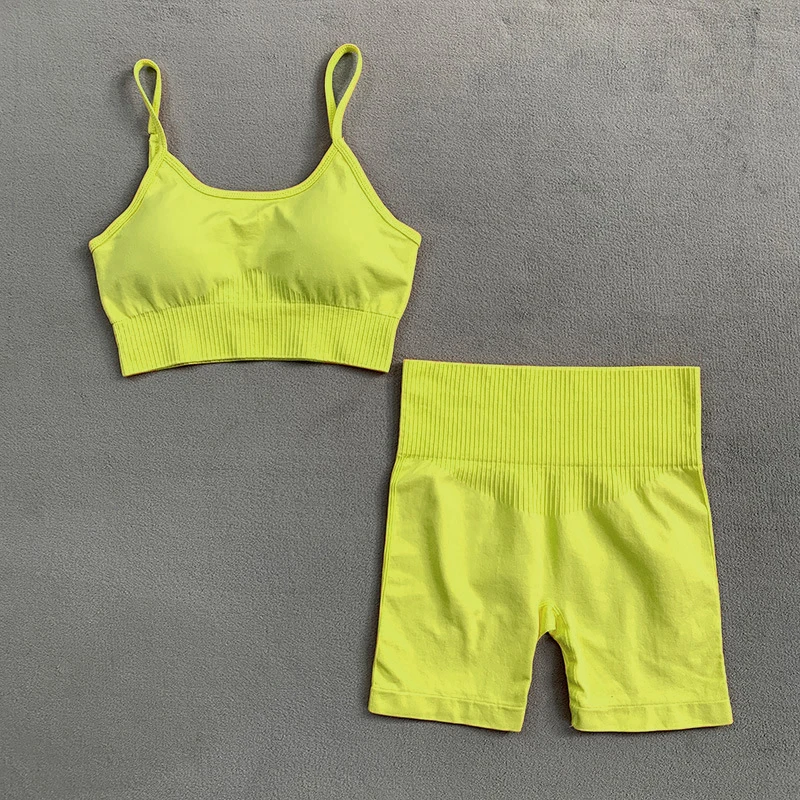 2 Pieces Yoga Shorts Set Seamless Gym Sets Womens Outfit Sports Bra Top Stripe Sportswear Workout Suit Fitness For Women Clothes