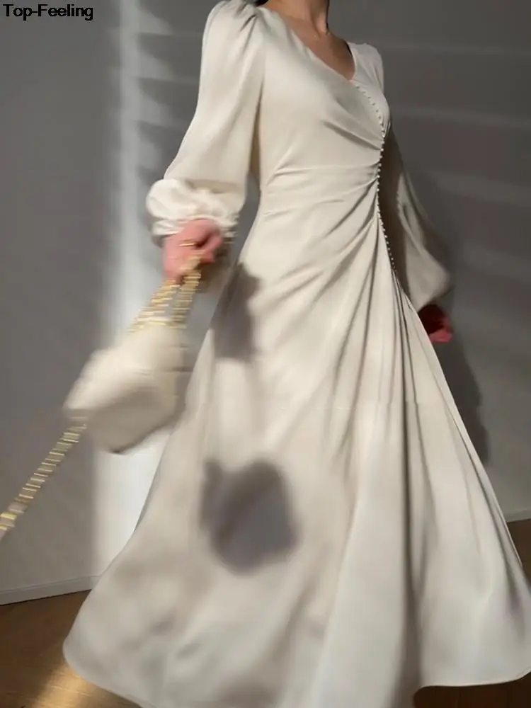 

Женское винтажное платье средней длины, элегантное однотонное платье во французском стиле с рукавами-фонариками и V-образным вырезом, весна-осень