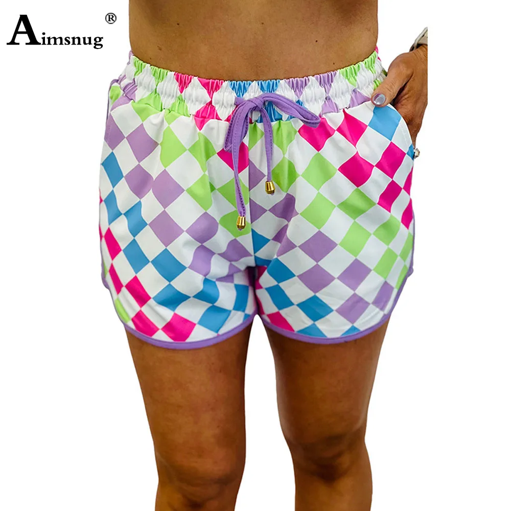 Фото 2025 Women's Stand Pocket Casual Retro Plaid Shorts High Cut Elastic Waist Beach Shorts Women Fashion Disco Short Pants New №1
