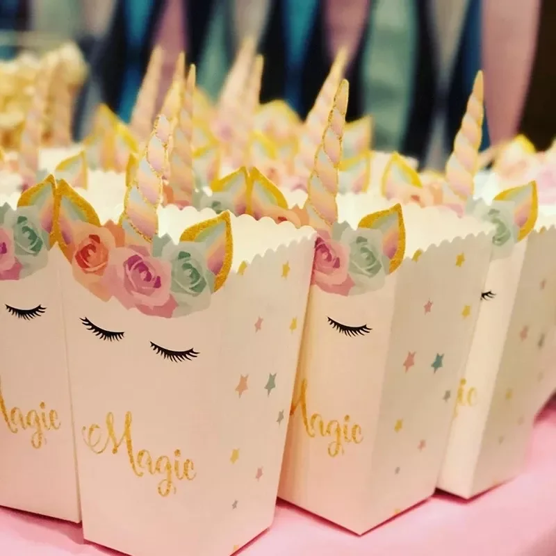 

NEW2023 Unicorn Party Supplies Paper Popcorn Box Cookie Gift Box Bag Kids Unicorn Theme Birthday Party Decoration Baby Shower Su