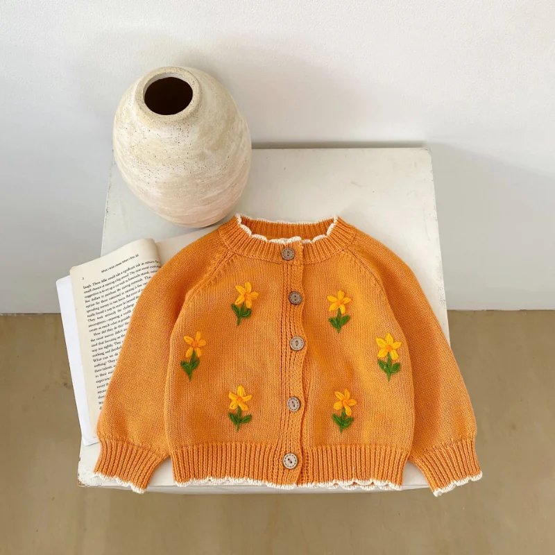 2022 New Baby Girl Long Sleeve Knit Cardigan Infant Autumn Princess Flower Embroidery Sweater Girls Knitted Jacket Baby Clothes