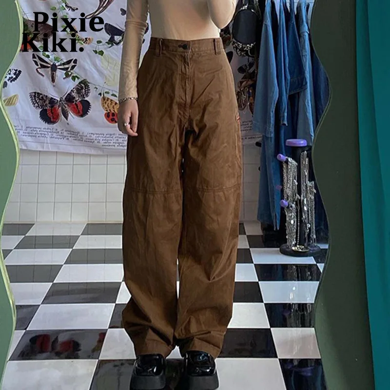 

Коричневые широкие брюки PixieKiki с высокой талией, винтажная одежда Y2k, мешковатые брюки-карго для женщин, модная женская уличная одежда 2022