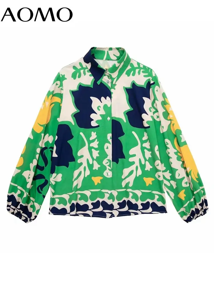 

AOMO Women Fashion Printed Loose Shirts Vintage Long Sleeve Front Button Female Blouses Blusas 3H472A