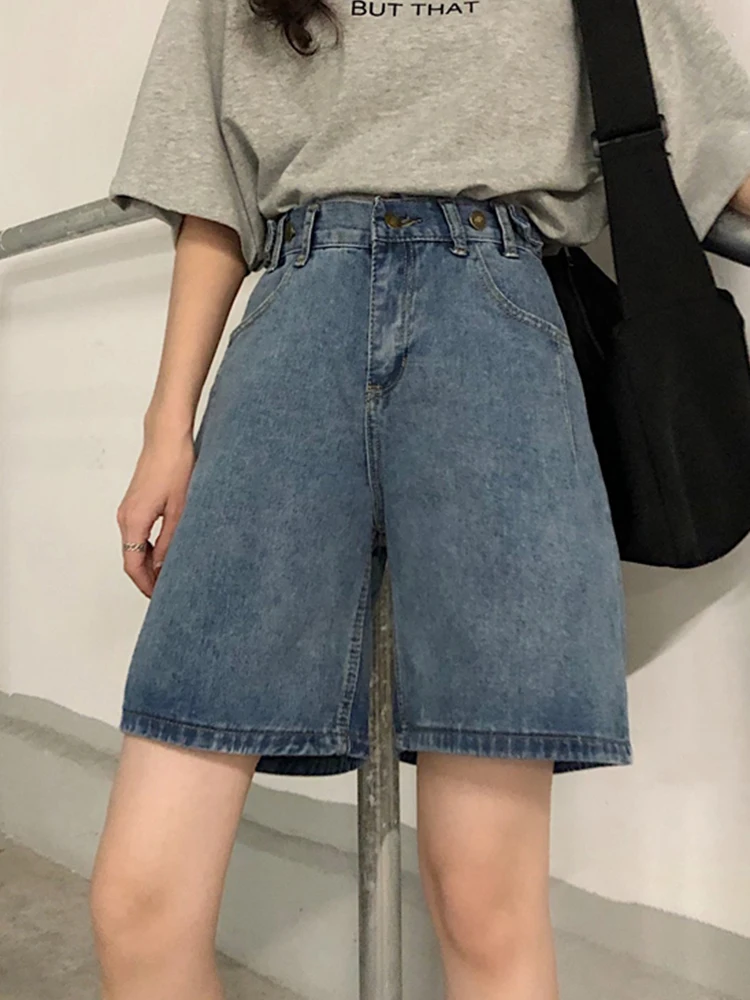 

Ailegogo New Spring Summer Women Retro Loose High Waist Denim Shorts Streetwear Female Wide Leg Adjustable Jeans Shorts Bottoms