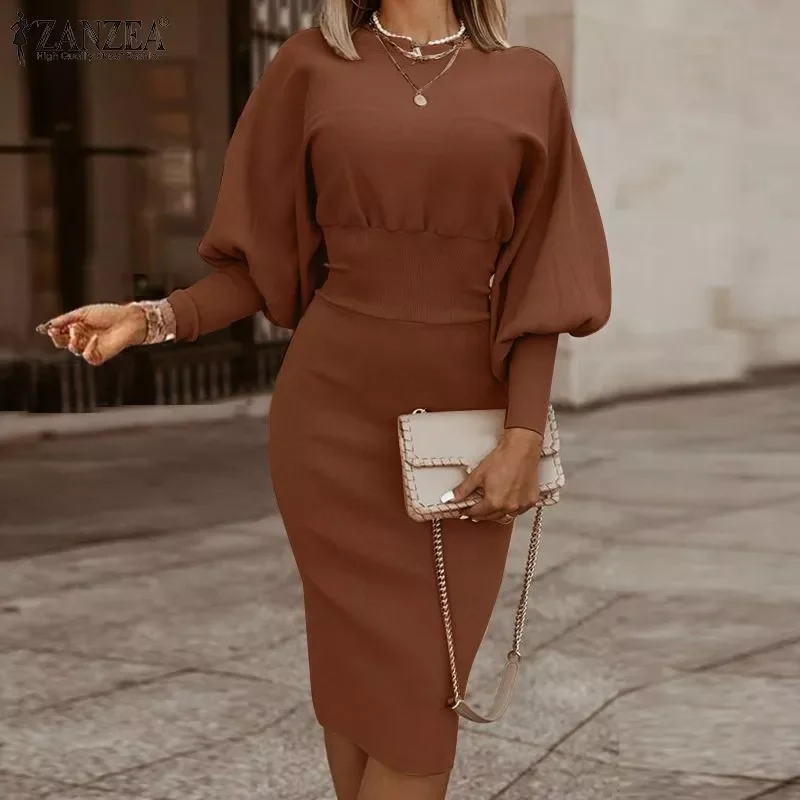 

2022 ZANZEA Women Autumn Elegant Long Lantren Sleeve Party Bodycorn Dress OL Sundress Femme Robe Solid Slim Fit Midi Vestidos