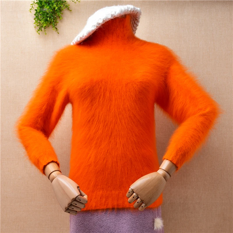 

ladies women fashion orange hairy mink cashmere knitted turtleneck slim blouses bottoming angora fur jumper sweater pull tops