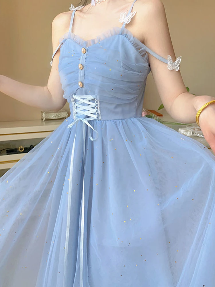 

Женское двухслойное платье принцессы, летнее милое платье на бретельках с высокой талией, повседневные праздничные Элегантные платья из га...