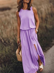 2022 Summer Women Round Neck Sleeveless Pocket Detail Slit Casual Tank Dress Plus Size Lady Dress Holiday Loungewear Beach Dress