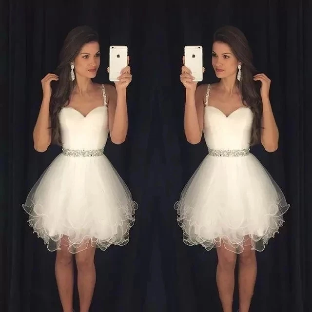 

ANGELSBRIDEP Simple But Elegant Homecoming Dresses A Line Short Beading Spaghetti Strap Tulle Cocktail Formal Party Dresses
