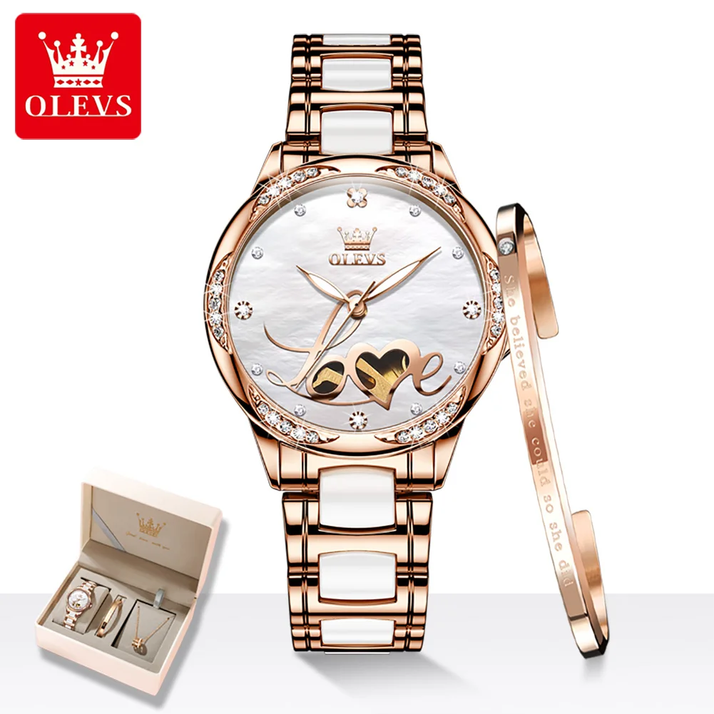 OLEVS Elegant Ceramics Strap Automatic Mechanical Watch for Women Luxury Hollow Heart Design Waterproof Ladies Wristwatches Set