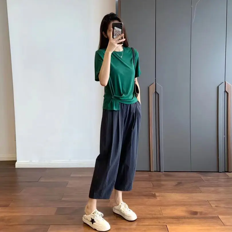 Повседневные тонкие укороченные брюки с широкими штанинами для женщин Новинка