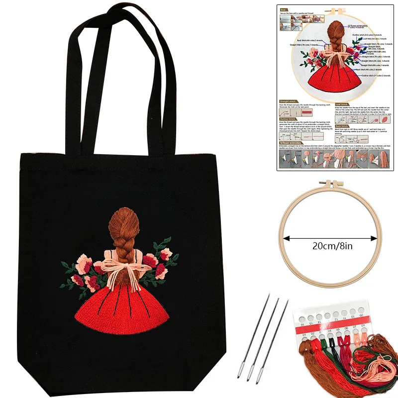 

Embroidery Kit for Beginner Canvas Tote Bag DIY Kit Red Cute Girl Pattern Embroidery Set Needlework Sewing Hand Cross Stitch