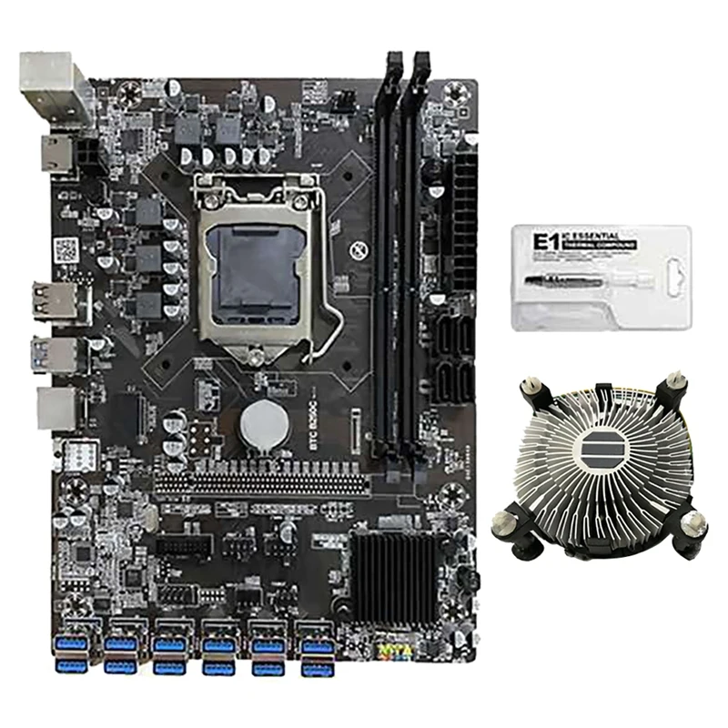 

B250C BTC Mining Motherboard With Cooling Fan 12 USB To PCI-E Graphics Card Slot LGA1151 Support DDR4 DIMM RAM SATA3.0