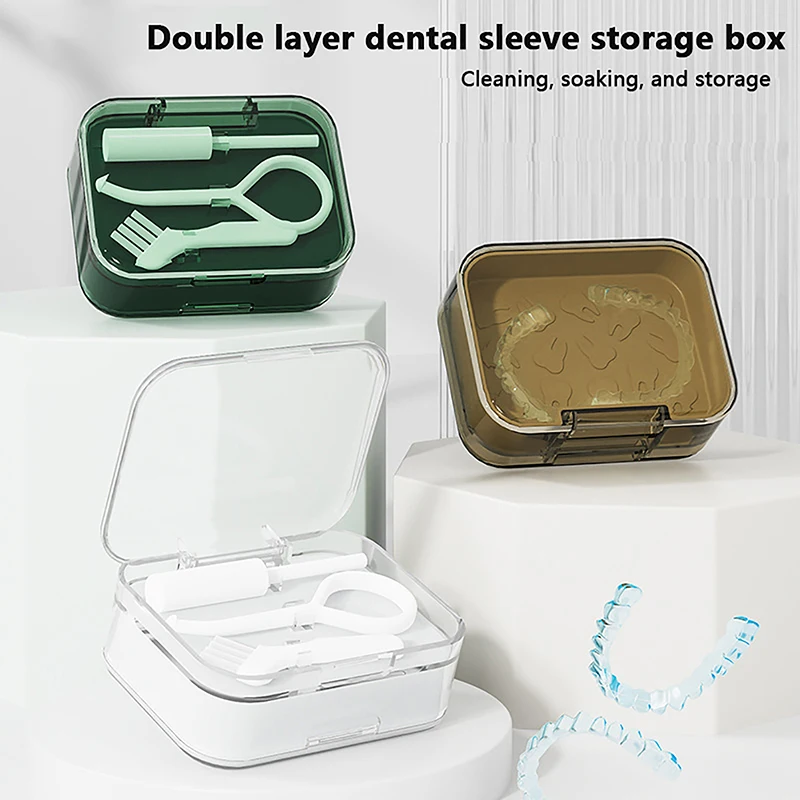 

2 layers Orthodontic Retainer Braces Storage Box With Teeth Soaking Denture Cleaning Tooth Storage Portable Case