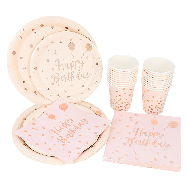 

Happy Birthday Decoration Rose Gold Dot Disposable Tableware Paper Plates Cups Napkins Baby Shower Kids Birthday Party Supplies