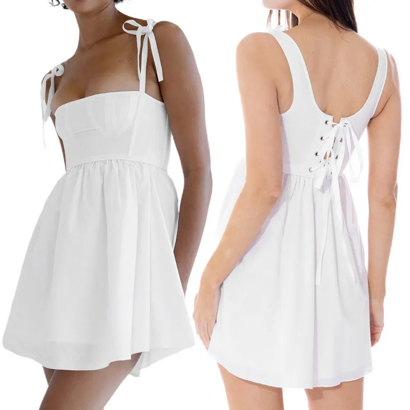 

Women Mini Dress Evening Party Summer Clothes Solid Color Tie-Up Shoulder Straps Sling Temperament A-line Dress y2k Streetwear