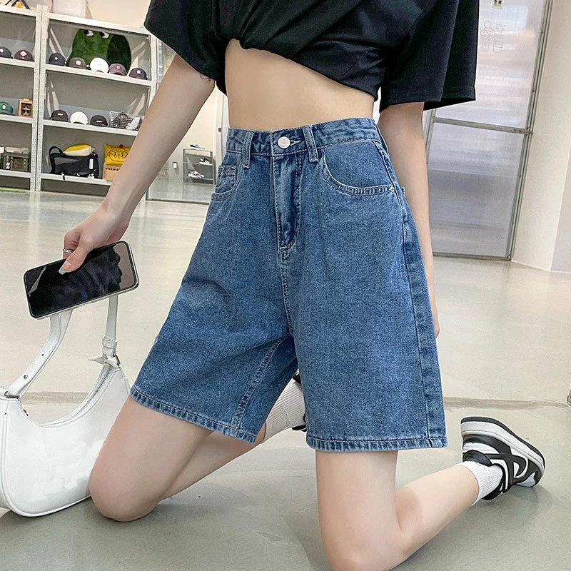 

Women Thin Blue Five Point Denim Pants Summer High Waisted Loose Wide Legged Jean Short Trendy Solid Straight Leg Shorts Ladies