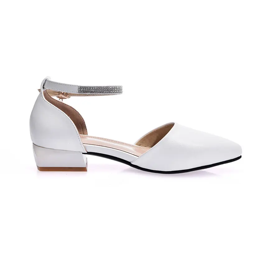 White Summer Women Pumps Low Square Block Heel PU Leather Pointed Toe D'Orsay Pink Wedding Office Crystal Ankle Strap Lady Shoes