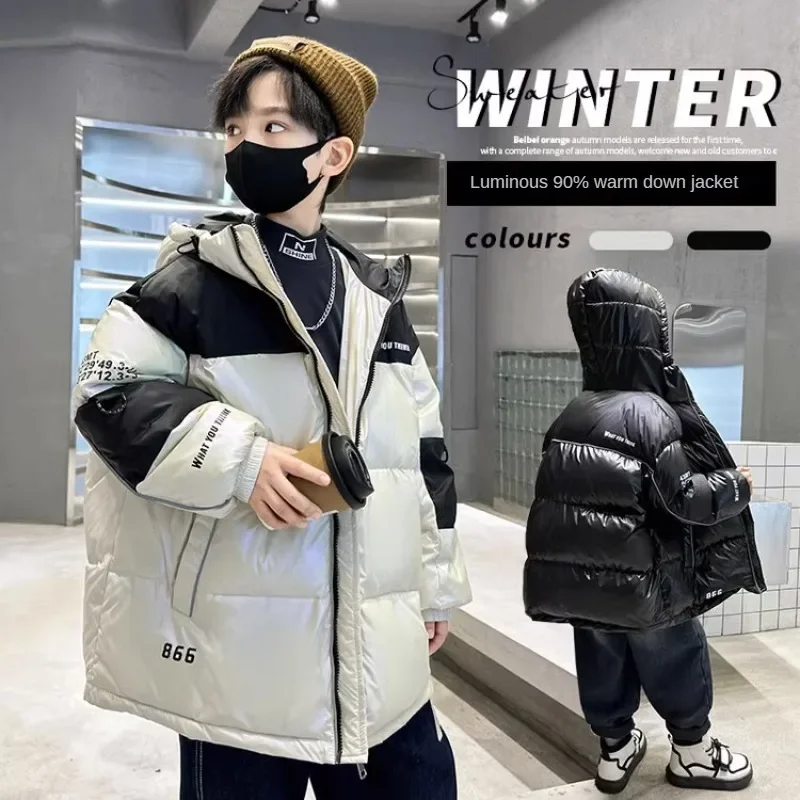 

5-14 Years Boy Winter Down Jacket White Duck Down Warm Lightweight Waterproof Oil-Proof with Luminous Boys Winter Coat 7-12y