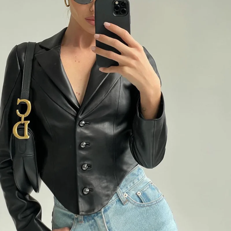 Streetwear 2022 New Fashion Women's Long-sleeved Single-breasted Jacket Suit Collar Slim Cardigan Ladies PU Leather Jacket