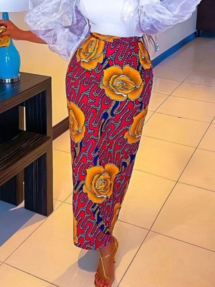

Women Print Skirt High Waist Vintage Flower Office Ladies Elegant Classy Modest Female African Slim Fit Club Event Summer Jupes