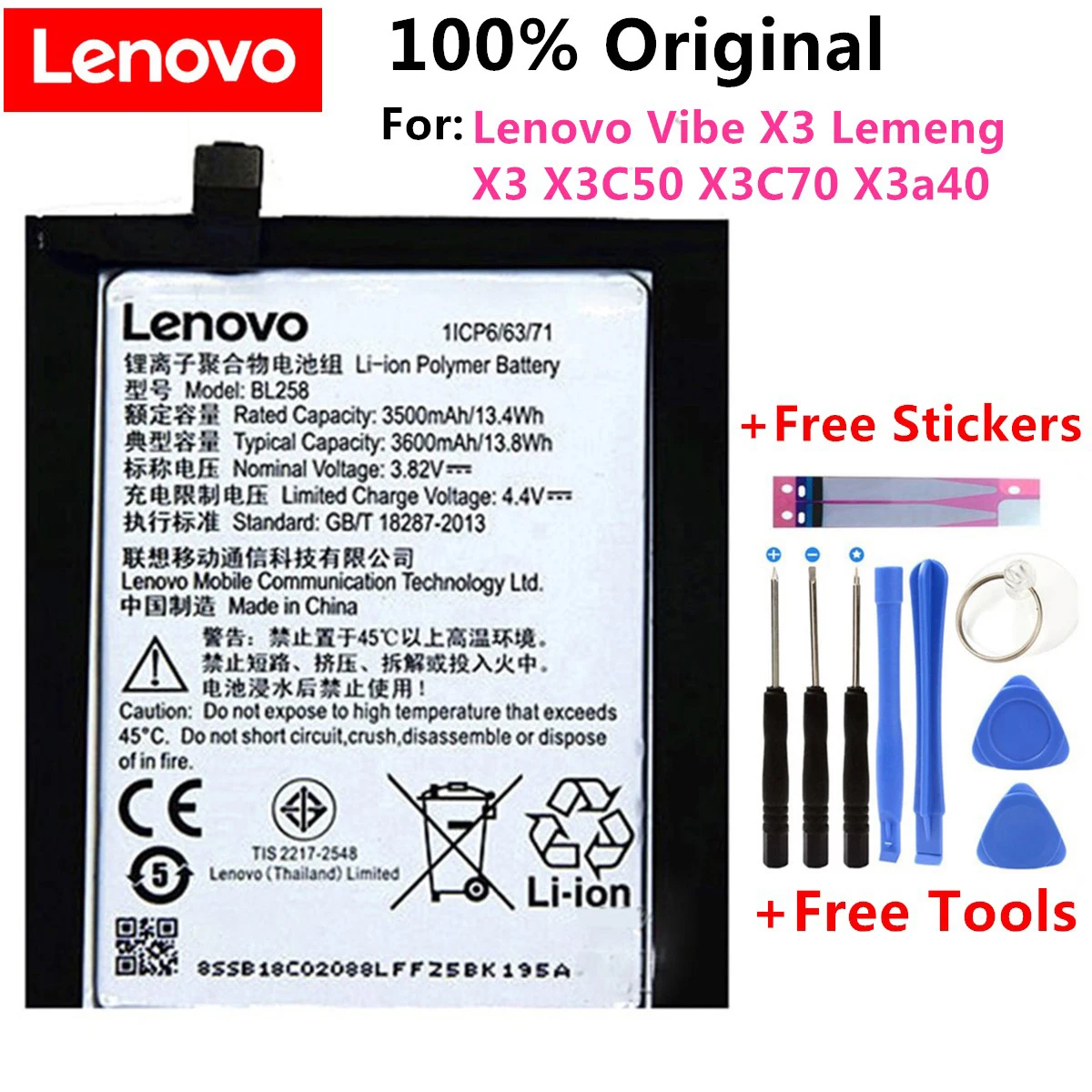 

100% New Original High Quality BL258 Battery For Lenovo Vibe X3 Lemeng X3 X3C50 X3C70 X3a40 3600mAh +Tools Kits