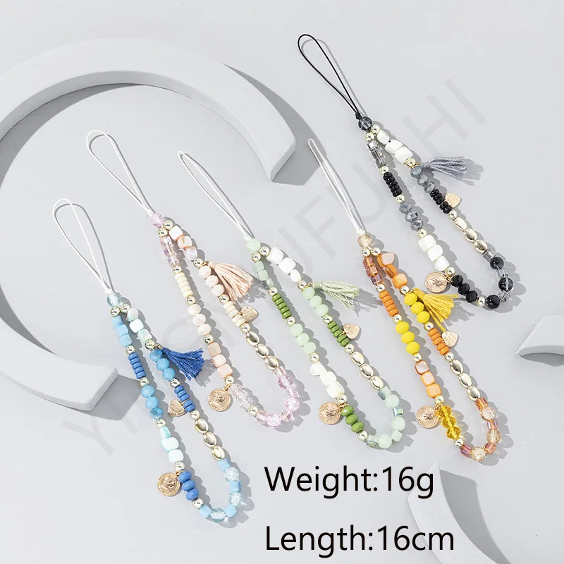 

Colored Crystal Beads Anti Slip Cellphone Chain Lanyard Vintage Tassel Star Pendant Mobile Phone Case Rope for Women Party Gift