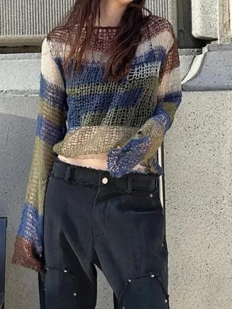 

2023 Distressed Hollow Out Colorful Striped Thin Sweater Pullovers Autumn Y2K Chic Knitted Top Sexy Backless Jumper