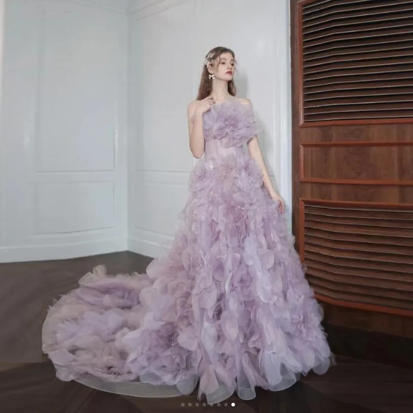 

Fairy Ruffle Lush Prom Party Dresses for Wedding Photography vestido de festa longo Lilac Long Prom Gowns Tulle abendkleider