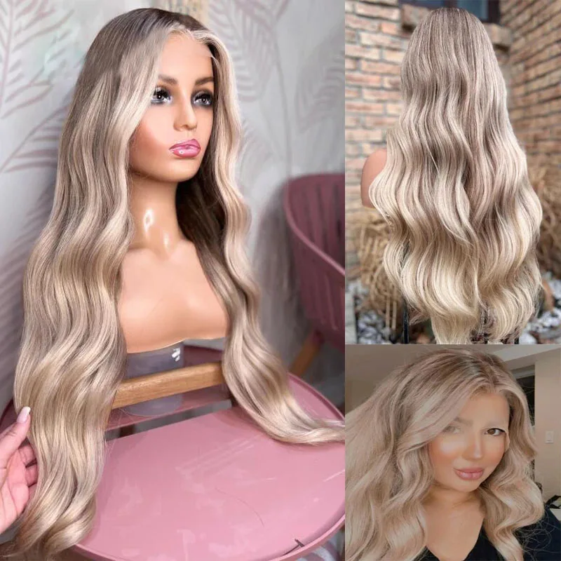 

Highlights Ash Platinum Blonde 13x6 Lace Front Human Hair Wigs PrePlucked Body Wave Full Lace Ombre Blonde Transparent HD Lace