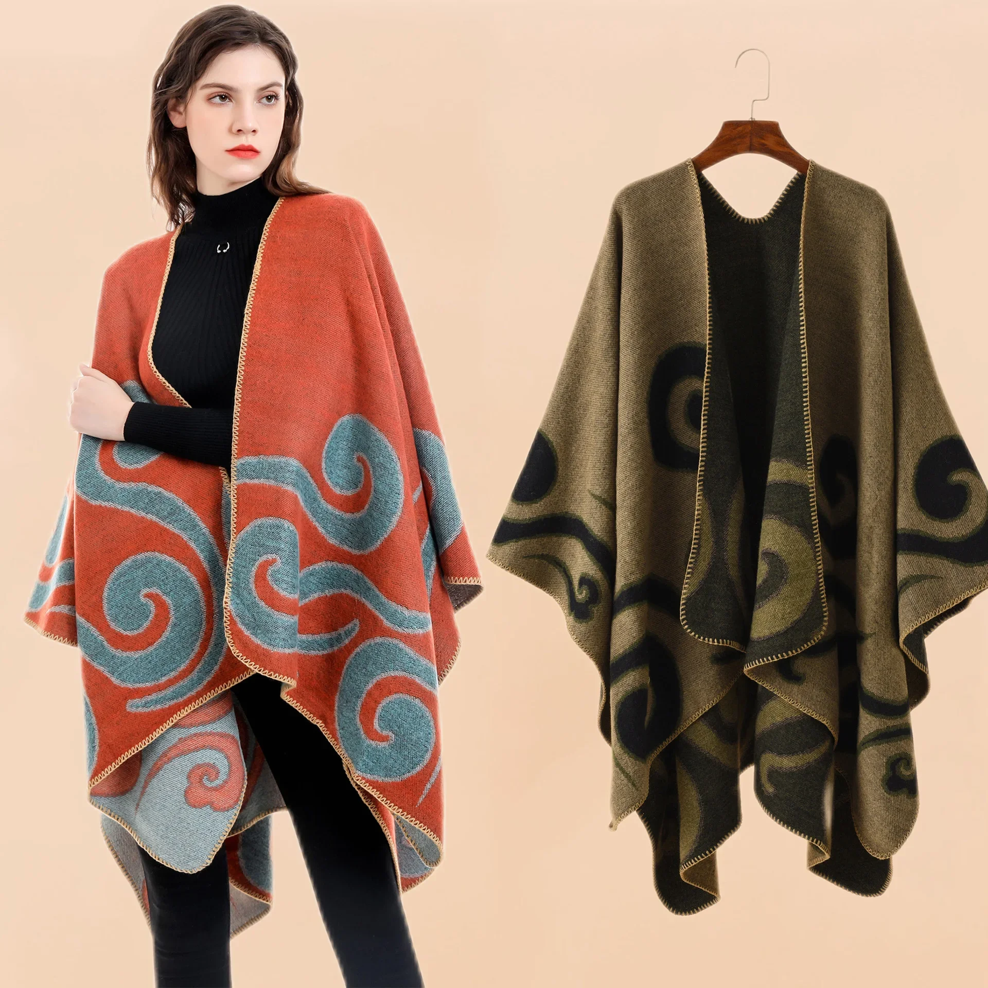 Fitshinling Auspicious Cloud Pattern Зимние шали и накидки в богемном стиле с бахромой Большие