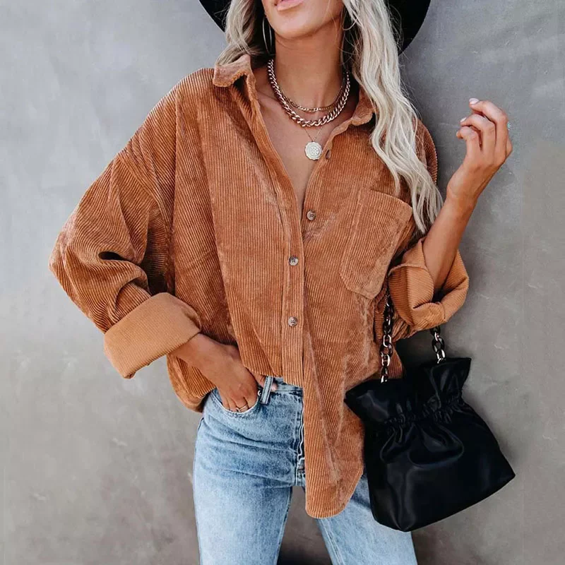 

Corduroy Jacket Woman Long Shirt Jacket Women Button Coat Jackets Women Fashion Overshirt Loose Coat Female 2021