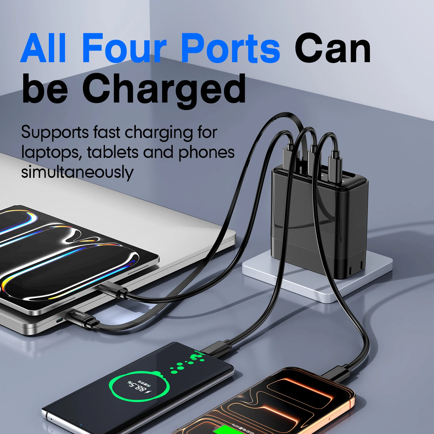 Фото AIXXCO GaN 100W 3-портовое зарядное устройство USB-C PD QC3.0 с кабелем 65W, адаптер для быстрой зарядки с вилкой EU/US, дорожный адаптер для iPhone 17 16 №2