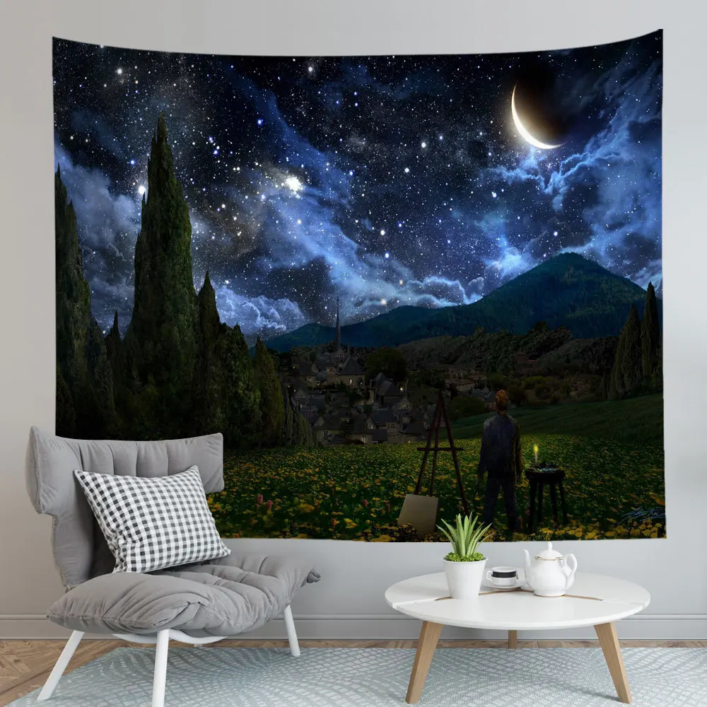 

Ландшафтный гобелен, настенный художественный гобелен с Луной, звездное небо, галактика, хиппи, бохо, украшение для спальни, настенное одеял...
