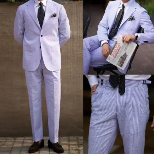 Handsome Leisure Seersucker Men Suit Notch Lapel Tuxedos Slim Fit Tailored Coat Pants Wedding Tuxedos Jacket and Pants